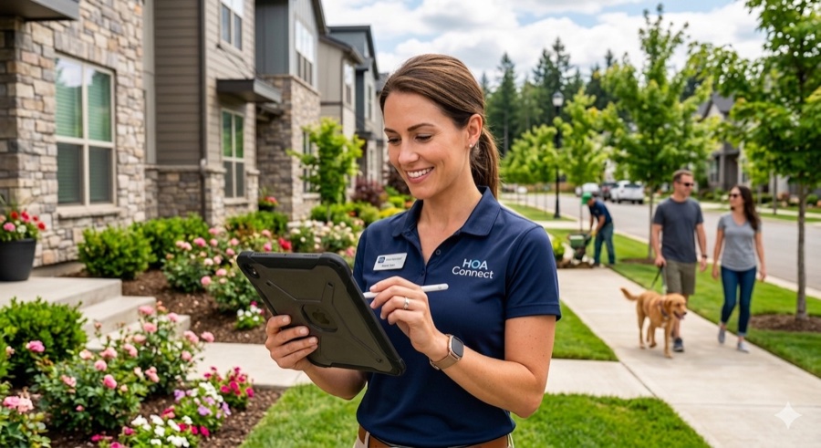 HOA property manager using allhoa™ on a tablet